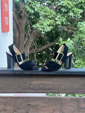 Adrienne Vittadini Black Suede Block Heel Sandals with Gold Buckle